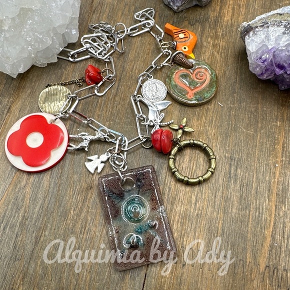 Coral statement brass chunky layered multi charms necklace
